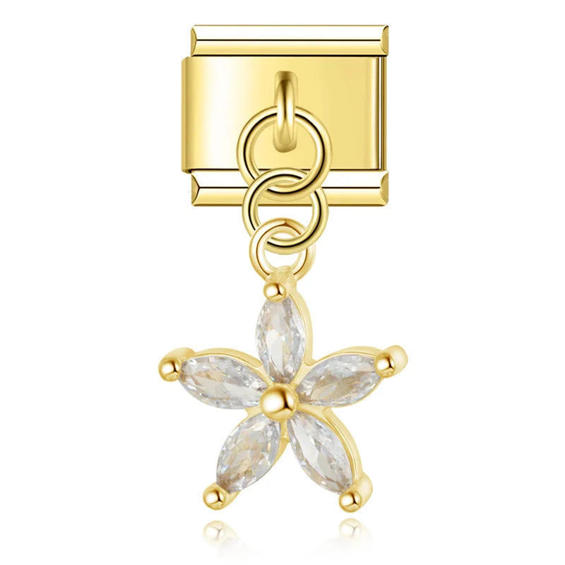 Elegant crystal charms silver&gold – gold five-petal crystal flower dangle charm, Italian charm bracelet charm by Charmtastic