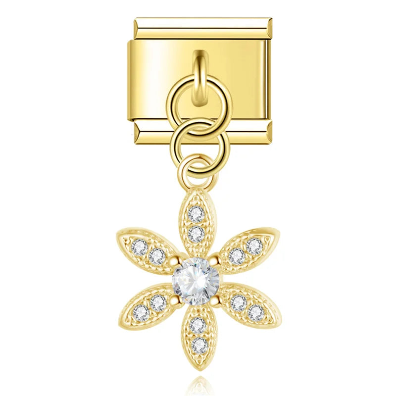 Elegant crystal charms silver&gold – gold six-petal crystal flower dangle charm, Italian charm bracelet charm by Charmtastic