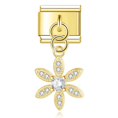 Elegant crystal charms silver&gold – gold six-petal crystal flower dangle charm, Italian charm bracelet charm by Charmtastic