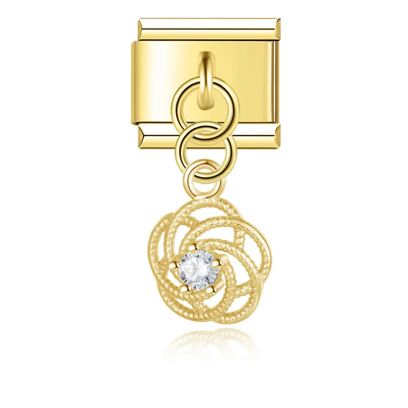 Elegant crystal charms silver&gold – gold crystal rose knot dangle charm, Italian charm bracelet charm by Charmtastic