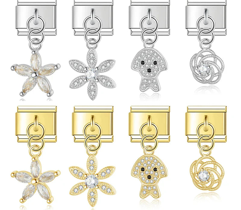 Elegant crystal charms silver&gold – overview of silver and gold crystal dangle charms: flower, dog face, and rose knot designs, Italian charm bracelet charms by Charmtastic
