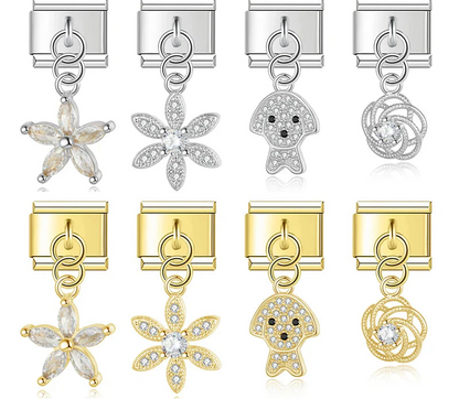 Elegant crystal charms silver&gold – overview of silver and gold crystal dangle charms: flower, dog face, and rose knot designs, Italian charm bracelet charms by Charmtastic