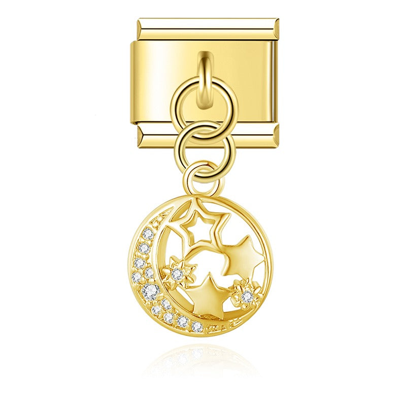 Elegant Golden Round Star Flower Birds charms – gold moon and stars circle dangle charm, Italian charm bracelet charm by Charmtastic