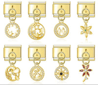 Elegant Golden Star, Flower & Bird Dangle Italian Charms — Gold Celestial & Nature Dangle Links