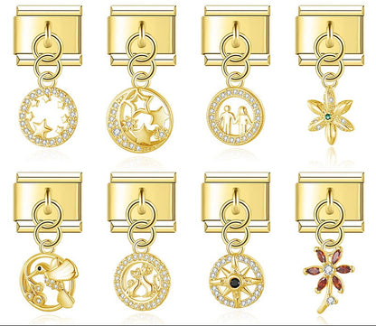 Elegant Golden Round Star Flower Birds charms – gold star, flower, and bird dangle charms, Italian charm bracelet charms by Charmtastic