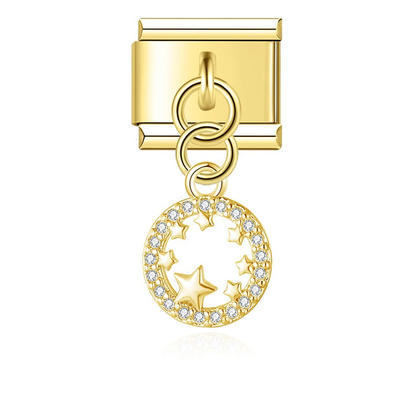 Elegant Golden Round Star Flower Birds charms – gold star circle pendant dangle charm, Italian charm bracelet charm by Charmtastic