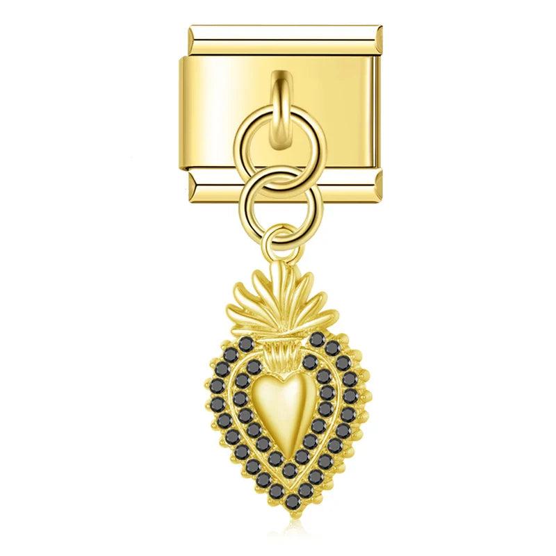 Gold black crystal sacred heart dangle Italian charm, by Charmtastic