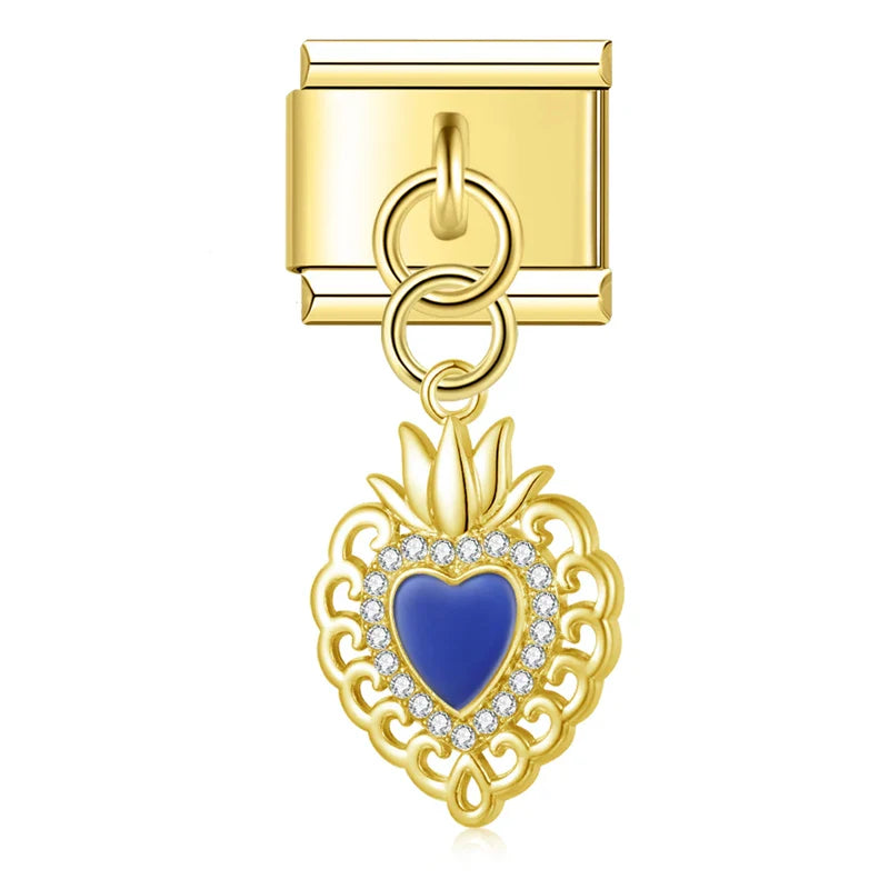 Gold blue enamel sacred heart dangle Italian charm, by Charmtastic