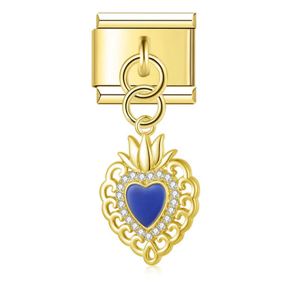 Gold blue enamel sacred heart dangle Italian charm, by Charmtastic