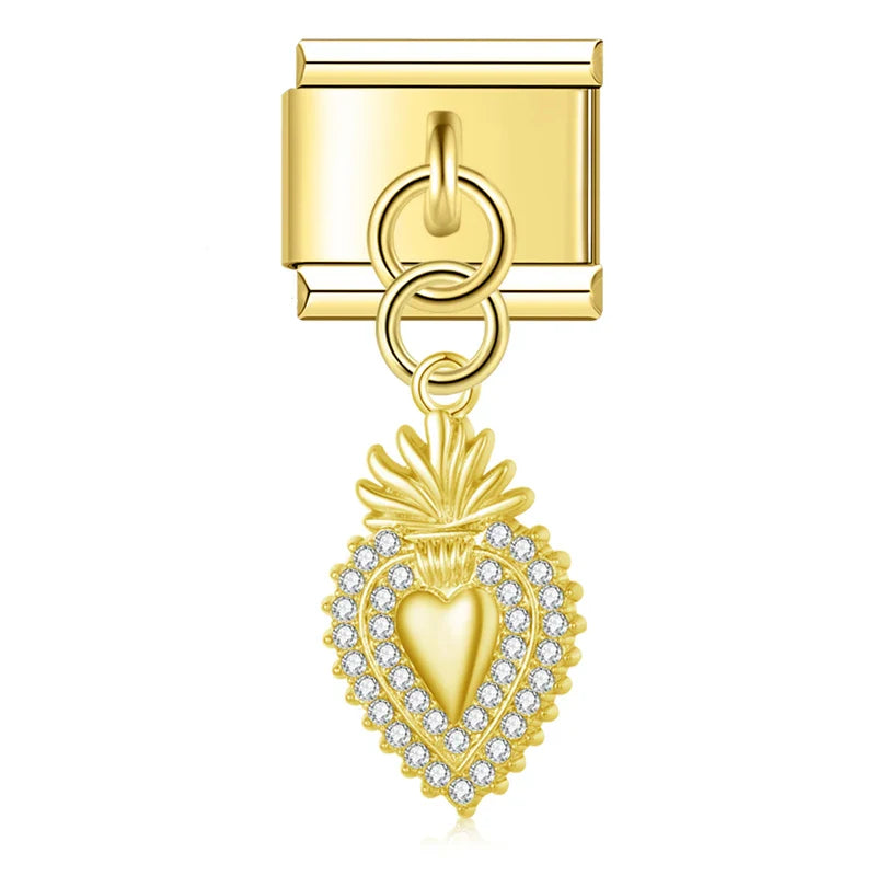 Gold crystal pave sacred heart dangle Italian charm, by Charmtastic