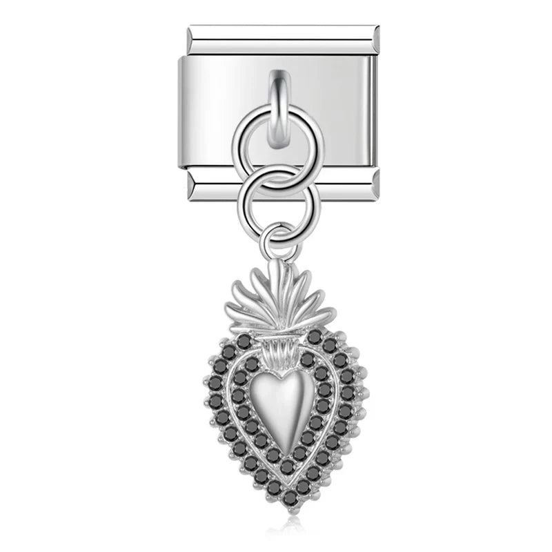 Silver black crystal sacred heart dangle Italian charm, by Charmtastic