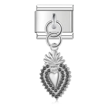 Silver black crystal sacred heart dangle Italian charm, by Charmtastic