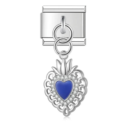 Silver blue enamel sacred heart dangle Italian charm, by Charmtastic