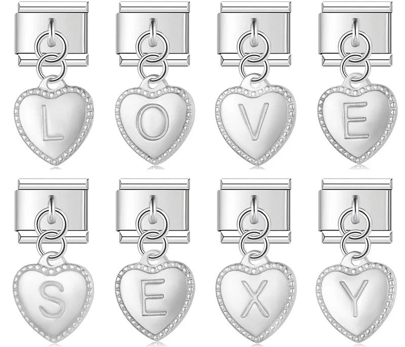Elegant Heart Letters Dangle Charms – overview of engraved A-Z letter heart dangle charm designs, Italian charm bracelet charms by Charmtastic