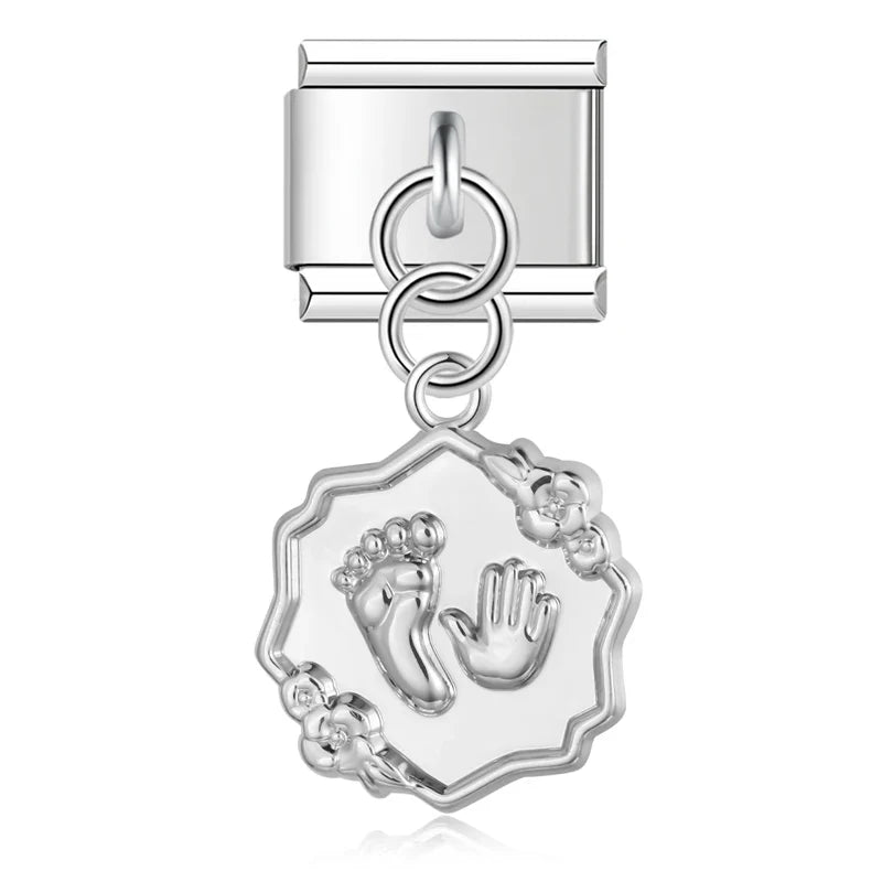 elegant silver dangle charms – baby footprint and handprint medallion dangle charm, Italian charm bracelet charm by Charmtastic
