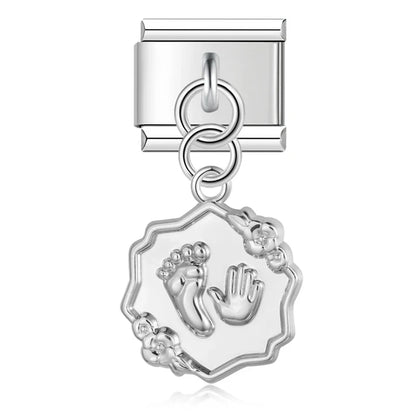 elegant silver dangle charms – baby footprint and handprint medallion dangle charm, Italian charm bracelet charm by Charmtastic