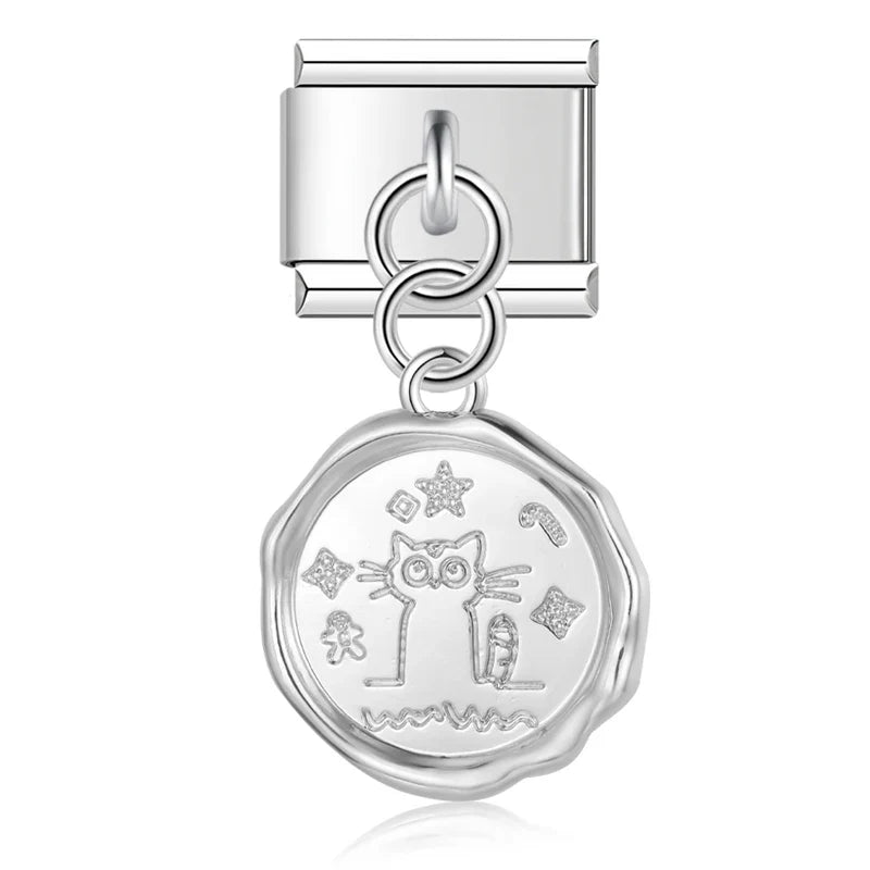 elegant silver dangle charms – cat medallion dangle charm, Italian charm bracelet charm by Charmtastic
