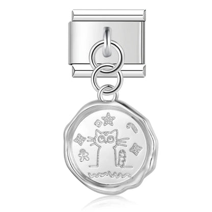 elegant silver dangle charms – cat medallion dangle charm, Italian charm bracelet charm by Charmtastic