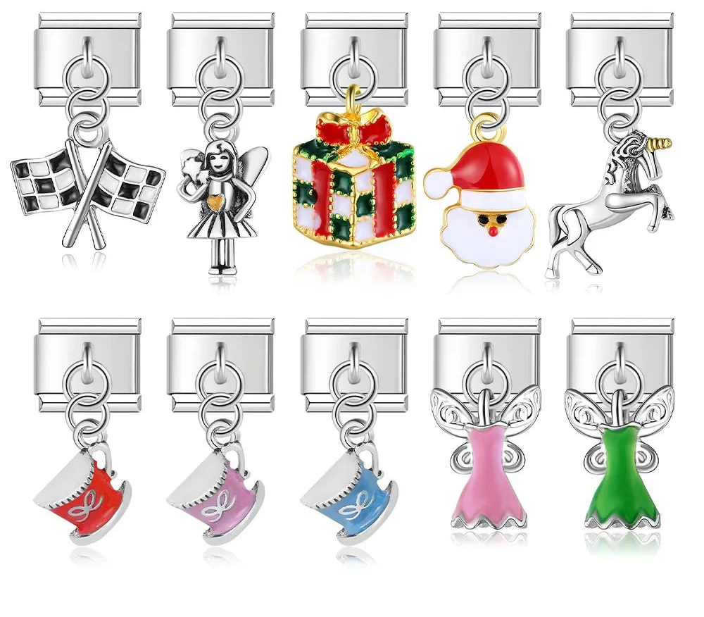 elegant silver dangle charms – overview of racing flag, fairy, gift box, Santa, unicorn and mug dangle charm designs, Italian charm bracelet charms by Charmtastic