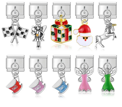 elegant silver dangle charms – overview of racing flag, fairy, gift box, Santa, unicorn and mug dangle charm designs, Italian charm bracelet charms by Charmtastic