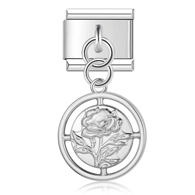 elegant silver dangle charms – rose flower medallion dangle charm, Italian charm bracelet charm by Charmtastic