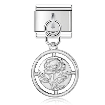 elegant silver dangle charms – rose flower medallion dangle charm, Italian charm bracelet charm by Charmtastic