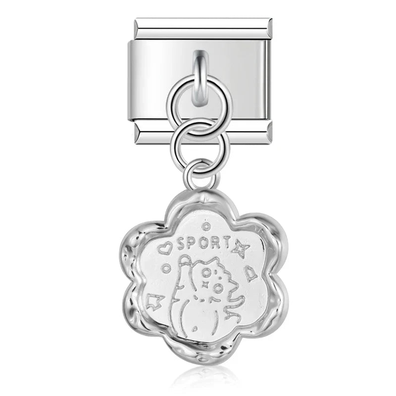 elegant silver dangle charms – SPORT medallion with dog design dangle charm, Italian charm bracelet charm by Charmtastic