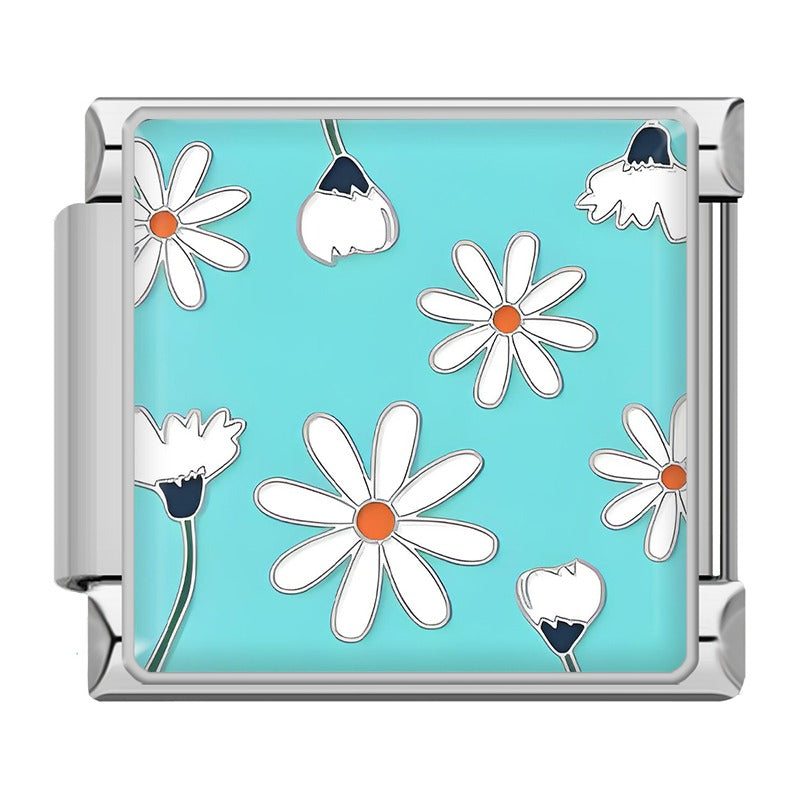 Elegant Silver Flower Charm – white daisies enamel charm on teal background, Italian charm bracelet charm by Charmtastic