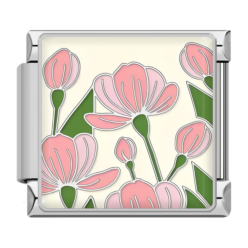 Elegant Silver Flower Charm – pink flower buds enamel charm on cream background, Italian charm bracelet charm by Charmtastic