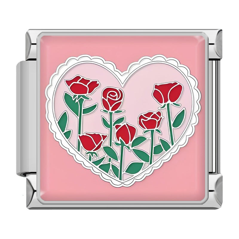 Elegant Silver Flower Charm – red roses in a heart doily frame enamel charm on pink background, Italian charm bracelet charm by Charmtastic