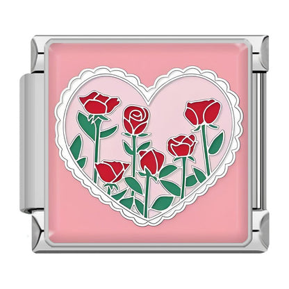 Elegant Silver Flower Charm – red roses in a heart doily frame enamel charm on pink background, Italian charm bracelet charm by Charmtastic