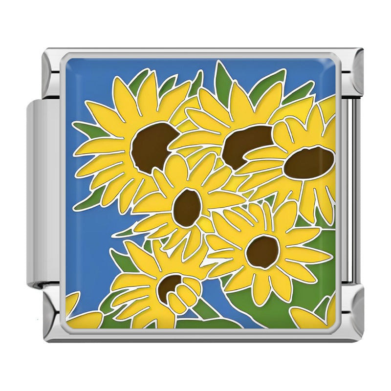Elegant Silver Flower Charm – sunflowers enamel charm on blue background, Italian charm bracelet charm by Charmtastic