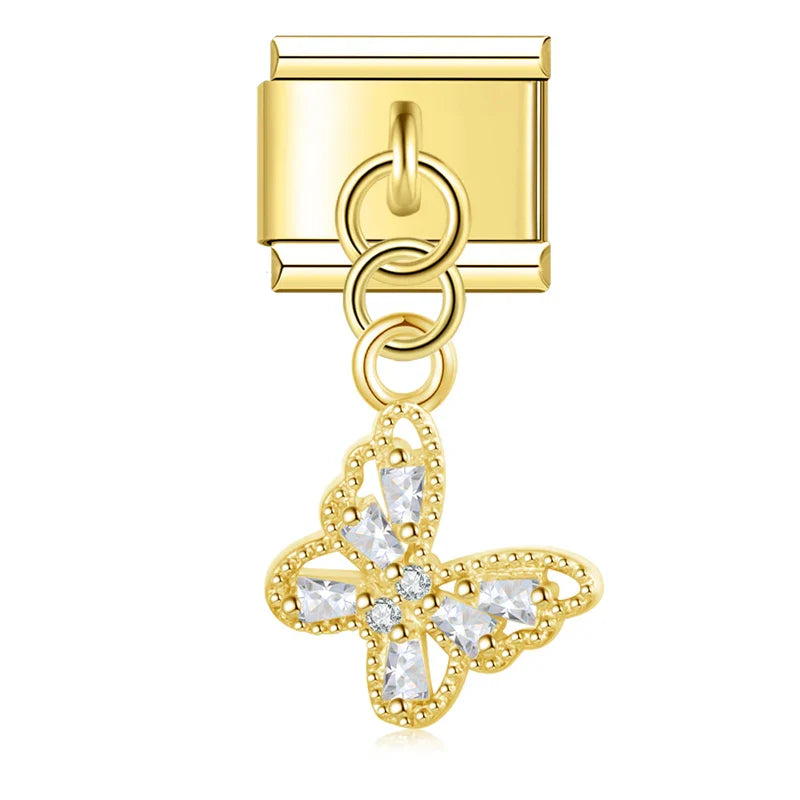 Elegant Tortoise Butterfly Shiny charms – gold crystal butterfly dangle charm, Italian charm bracelet charm by Charmtastic