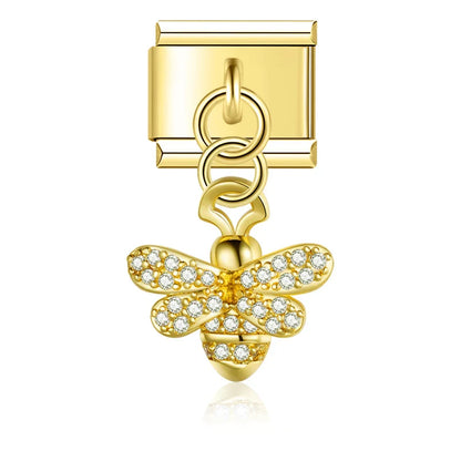 Elephant Dragonfly butterfly charms silver&gold – gold bee charm with clear CZ, Italian charm bracelet charm by Charmtastic