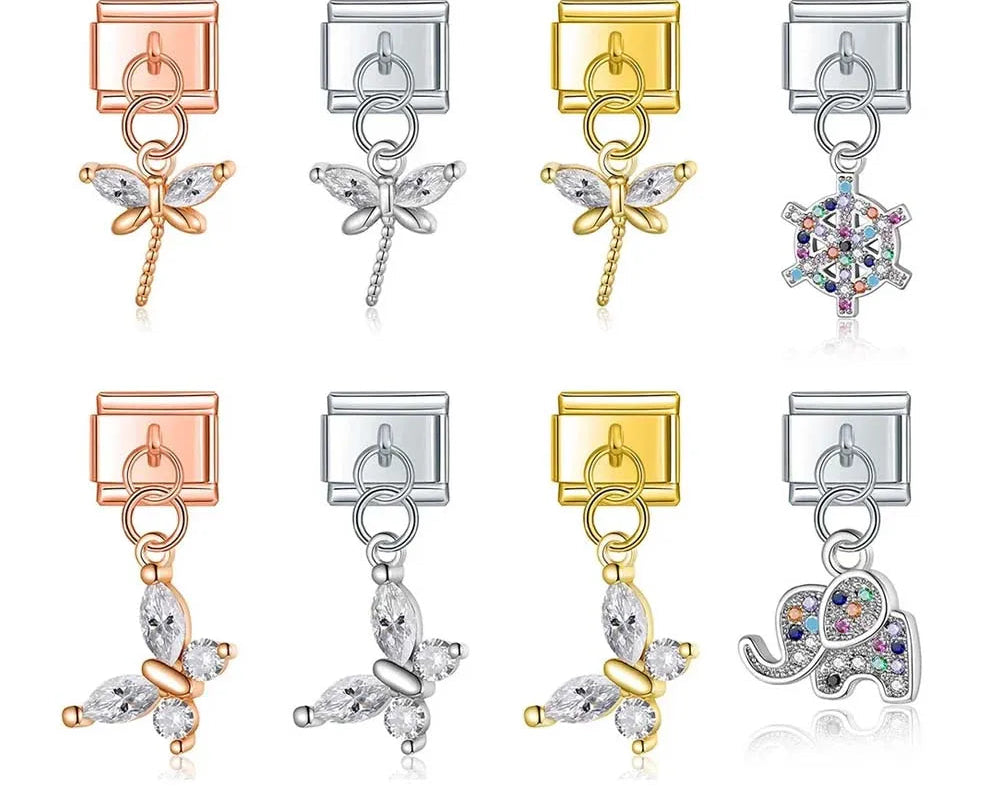 Elephant Dragonfly butterfly charms silver&gold – CZ dragonfly, butterfly, snowflake, and elephant charms in silver, gold, and rose gold, Italian charm bracelet charms by Charmtastic