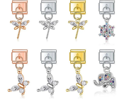 Elephant Dragonfly butterfly charms silver&gold – CZ dragonfly, butterfly, snowflake, and elephant charms in silver, gold, and rose gold, Italian charm bracelet charms by Charmtastic