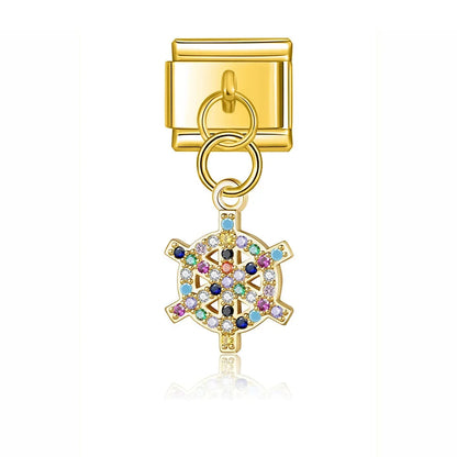 Elephant Dragonfly butterfly charms silver&gold – gold colorful CZ snowflake wheel charm, Italian charm bracelet charm by Charmtastic