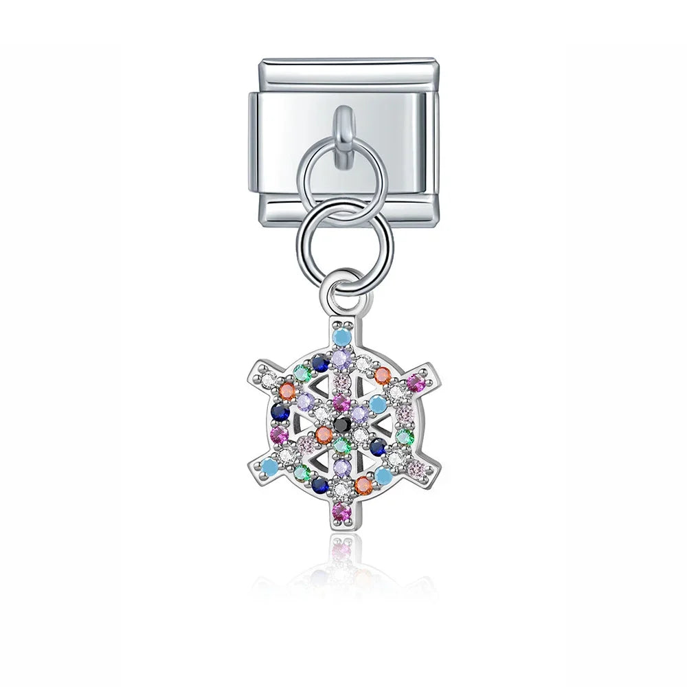 Elephant Dragonfly butterfly charms silver&gold – silver colorful CZ snowflake wheel charm, Italian charm bracelet charm by Charmtastic