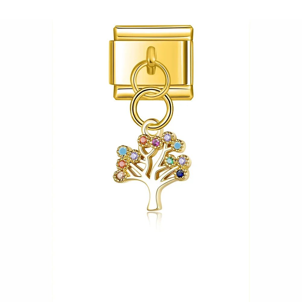 Elephant Dragonfly butterfly charms silver&gold – gold tree of life charm with colorful CZ, Italian charm bracelet charm by Charmtastic