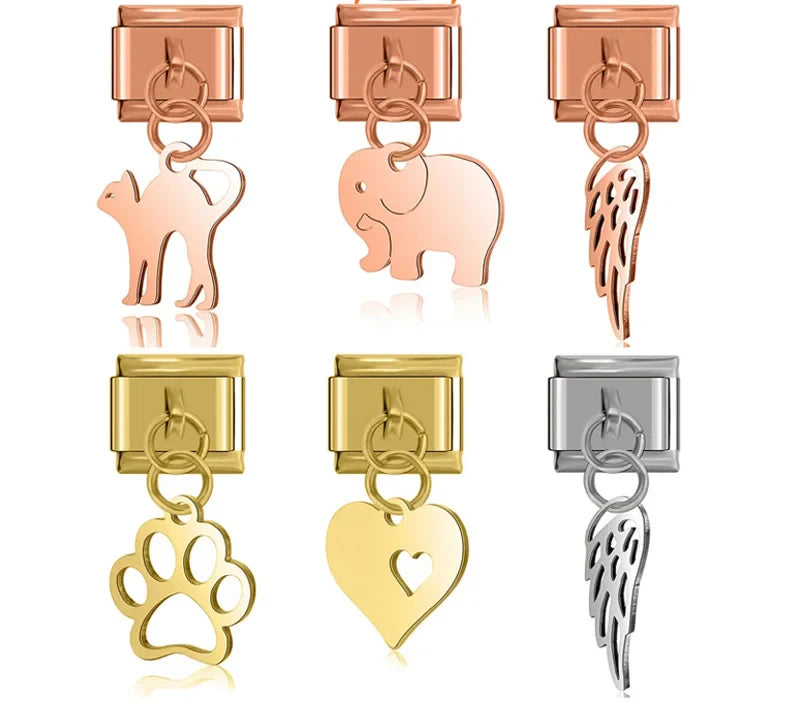 Elephant Wing Cat Heart Love Claws charms – elephant, wing, cat, heart, and paw silhouette dangle charms, Italian charm bracelet charms by Charmtastic