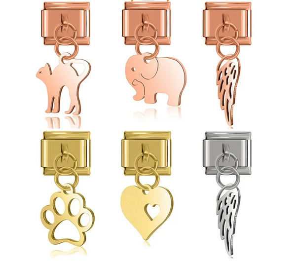 Elephant Wing Cat Heart Love Claws charms – elephant, wing, cat, heart, and paw silhouette dangle charms, Italian charm bracelet charms by Charmtastic