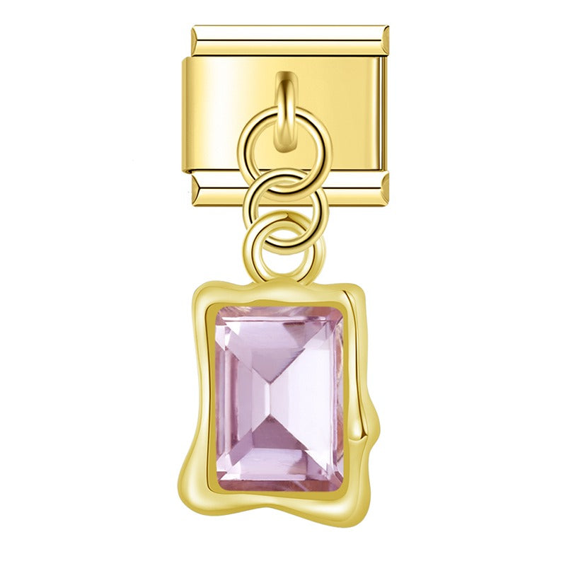 Emerald-Cut Gemstone Frame Dangle Charm – gold-tone emerald-cut frame charm with pink crystal, Italian charm bracelet charm by Charmtastic