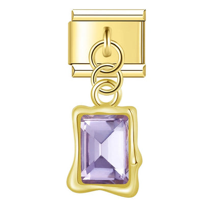 Emerald-Cut Gemstone Frame Dangle Charm – second view of gold-tone emerald-cut frame charm with purple crystal, Italian charm bracelet charm by Charmtastic