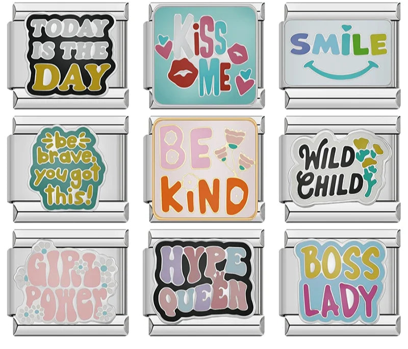 Empowering Quotes & Girl Power Italian Charms – overview of 9 word charms: Today Is The Day, Kiss Me, Smile, Be Brave You Got This, Be Kind, Wild Child, Girl Power, Hype Queen, and Boss Lady, Italian charm bracelet charms by Charmtastic