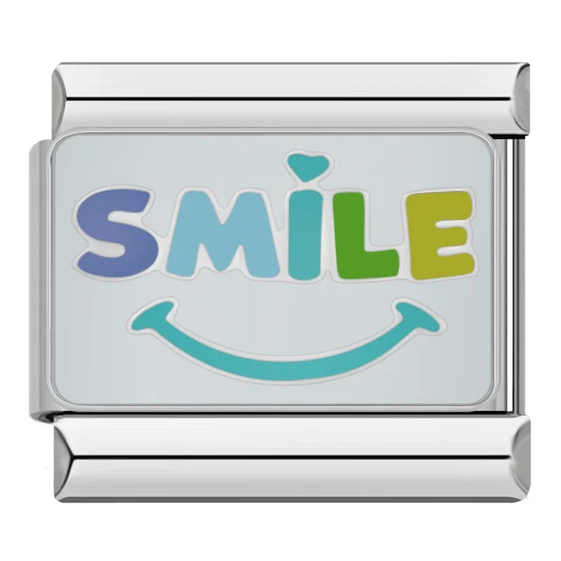 Empowering Quotes & Girl Power Italian Charms – Smile word charm in blue and green with a smiley face, Italian charm bracelet charm by Charmtastic