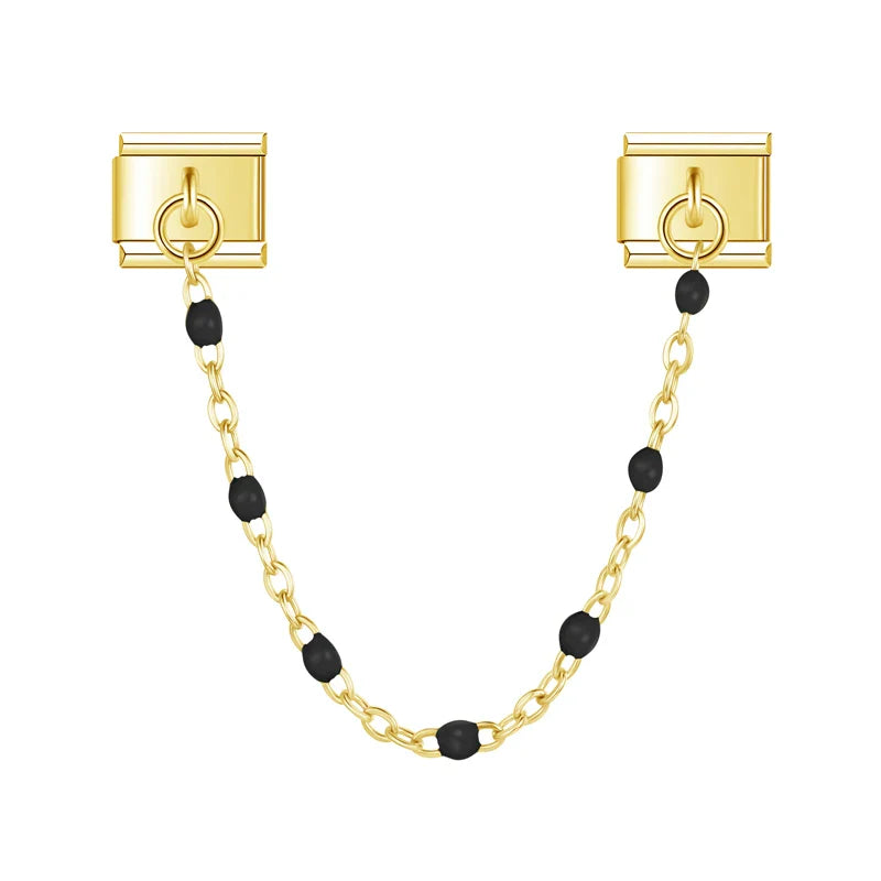 Gold safety chain with black enamel beads — Italian charm bracelet, by Charmtastic