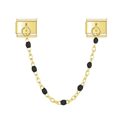 Gold safety chain with black enamel beads — Italian charm bracelet, by Charmtastic