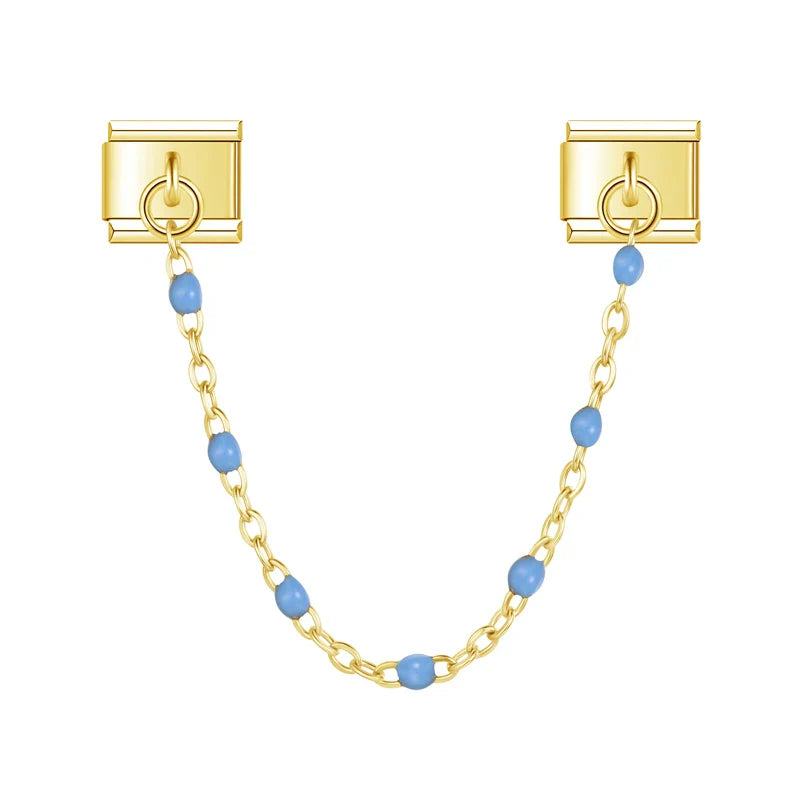 Gold safety chain with blue enamel beads — Italian charm bracelet, by Charmtastic