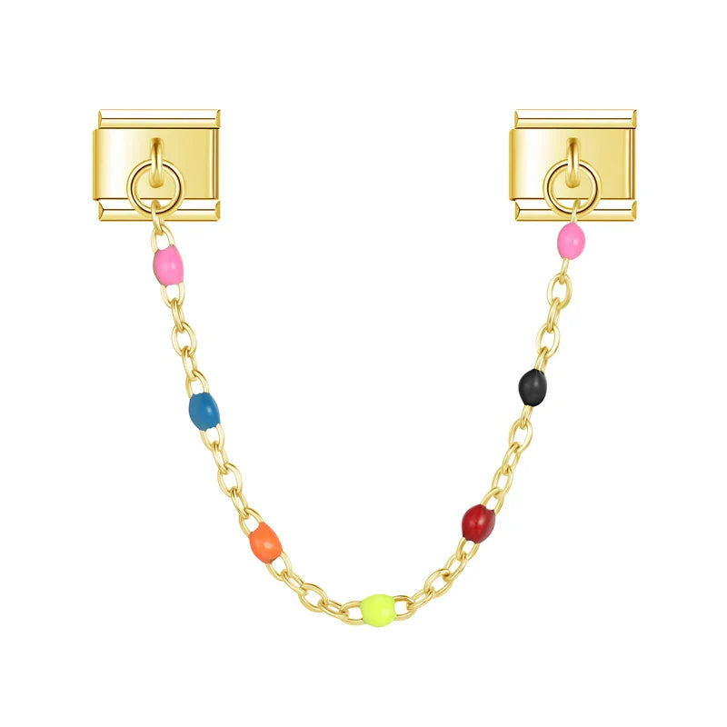 Gold safety chain with multicolor enamel beads — Italian charm bracelet, by Charmtastic