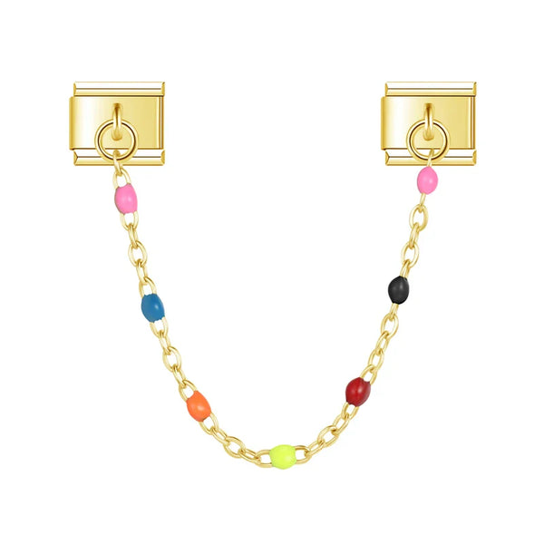 Gold safety chain with multicolor enamel beads — Italian charm bracelet, by Charmtastic
